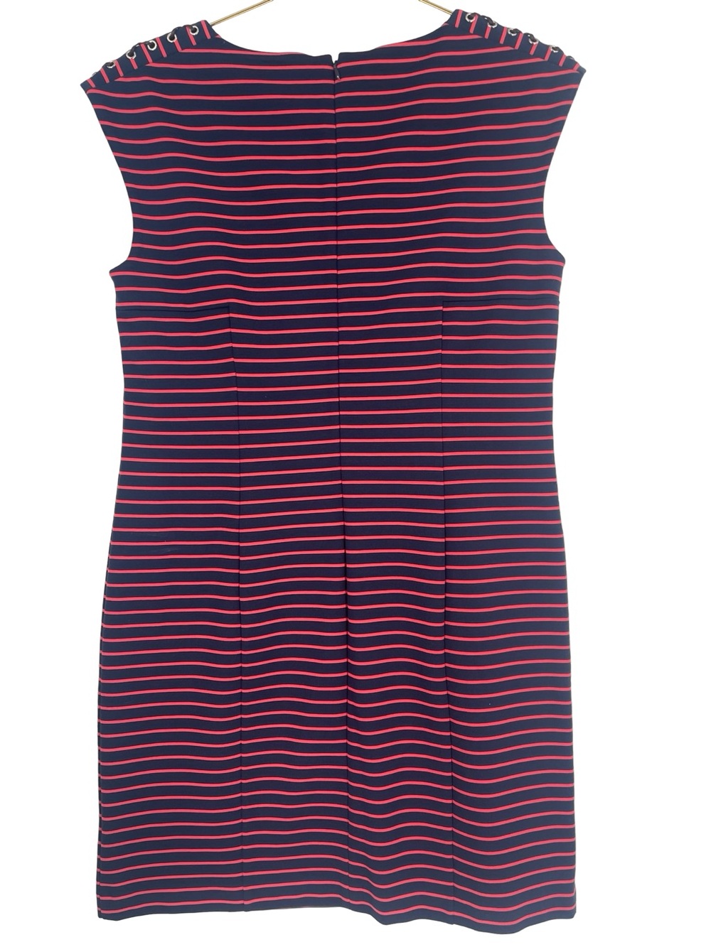 Michael Kors Navy and Pink Striped Sheath Dress with Grommet Shoulders - Picture 3 of 7